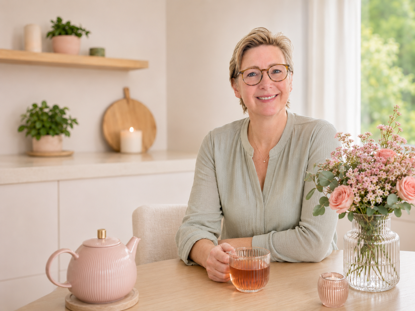 Janet Bannink van Gezond4You met thee en bloemen